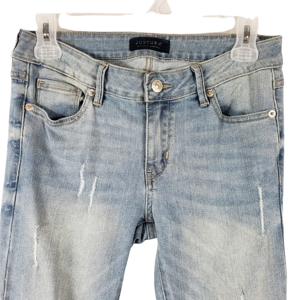 JUST USA Light Blue Distressed Flared Leg High Rise Jeans Size 3 Junior. - Picture 7 of 15